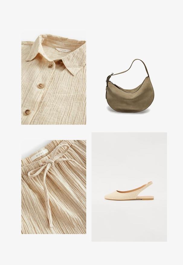Camicia beige con bottoni, realizzata in un tessuto testurizzato e stropicciato. Presenta un colletto e cinque bottoni marroni lungo la parte anteriore. Etichetta visibile all'interno.; Pantaloni corti beige testurizzati con una vita arricciata e un dettaglio di legatura frontale, realizzati in tessuto leggero con sottili linee verticali.; Ballerine beige con cinturino, dalla punta appuntita, realizzate in tessuto testurizzato, dotate di una suola bassa e flessibile e un design con tallone aperto.; Borsa hobo in suede marrone con forma curva, tracolla singola, chiusura con zip e superficie liscia. Design semplice con dettagli hardware minimi.