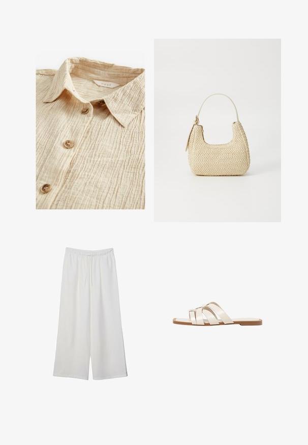 Bežová košeľa na gombíky s textúrovanou, zvrásnenou látkou. Má golier a päť hnedých gombíkov na prednej strane. Značka je viditeľná vo vnútri.; Biele široké nohavice z ľahkého materiálu s elastickým pásom a šnúrkou na nastavenie veľkosti. Hladká textúra.; Ploché sandále s hnedou gumovou podrážkou, navrhnuté s tromi prekrývajúcimi sa bielymi koženými popruhmi a malou mašličkou uprostred.; Tkaná slamenná kabelka v béžovej farbe s oblým tvarom, krátkym uškom a bočným zipsom. Má textúrovaný povrch a minimalistický dizajn.