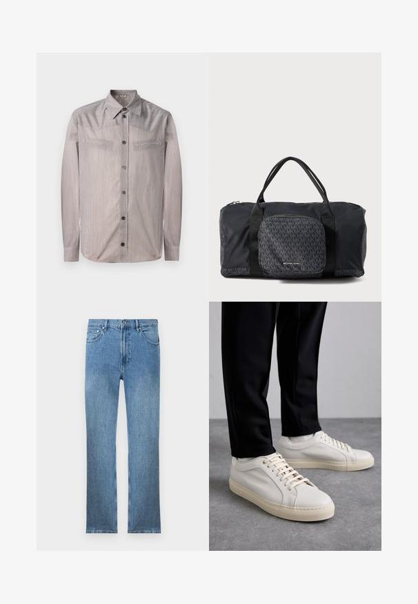 Chemise à rayures dans des couleurs claires, présentant un col classique, deux poches poitrine et des manches longues. Texture lisse avec un léger éclat.; Jean en denim bleu clair avec une coupe droite, cinq poches, une fermeture éclair et des coutures contrastantes. Le tissu a une finition lisse et texturée.; Baskets en cuir beige clair avec des lacets plats, une surface texturée et une semelle en caoutchouc crème contrastante, associées à un pantalon noir fuselé.; Sac de voyage Michael Kors noir avec double poignées, poche à fermeture éclair à l'avant présentant un motif de logo MK répétitif et la marque Michael Kors.