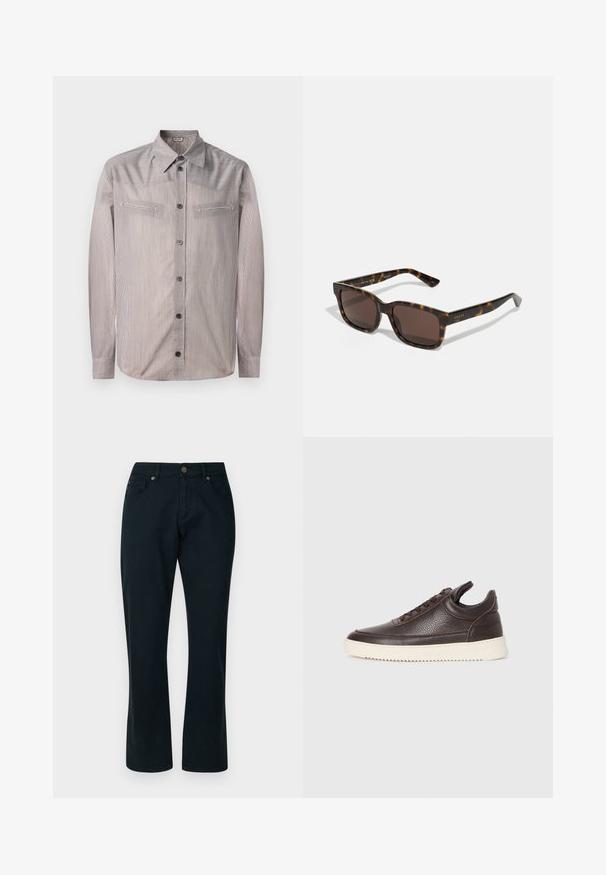 Striped button-up shirt in light colors, featuring a classic collar, two chest pockets, and long sleeves. Smooth texture with subtle sheen.; Black jeans with a straight leg design, made of denim fabric. Features five pockets, a metal button, and contrasting stitching.; Dark brown textured leather sneaker with lace-up front and white ridged rubber sole on a plain light background.; Gucci sunglasses with square, tortoiseshell plastic frames and brown lenses. Features subtle branding on the temples.