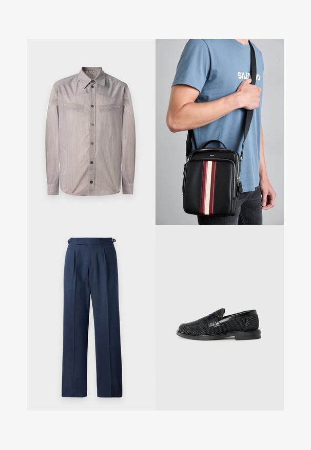Striped button-up shirt in light colors, featuring a classic collar, two chest pockets, and long sleeves. Smooth texture with subtle sheen.; Navy blue tailored trousers, made from textured fabric, featuring a high waist, pleats, and adjustable side straps for fit.; Black woven slip-on shoe with a smooth leather accent on the upper, a round toe design, and a low-profile rubber sole.; Black leather crossbody bag with red, white, and beige vertical stripes. Features a top handle and adjustable strap. Zipper closure visible.