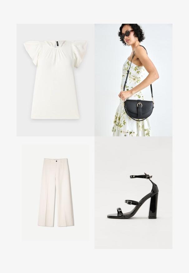 Weißes kurzärmeliges Oberteil mit gerafftem Ausschnitt und Flügelärmeln, das zarte Stickakzente an den Schultern aufweist. Glatte Textur.; Cremfarbene weitem Hosen mit maßgeschneidertem Design, ausgestattet mit zwei vorderen Taschen und einem vorderen Knopfverschluss, aus glattem Stoff gefertigt.; Schwarze Lackleder-Sandalen mit hohen Absätzen, zwei Riemen mit Schnallen, quadratischer Zehenpartie und klobigem Blockabsatz, mit einer glatten, glänzenden Textur.; Schwarze Lederhandtasche mit geschwungener Form, abnehmbarem Tragegurt und goldenen Beschlägen. Die Tasche verfügt über einen Deckel mit einer Schnallen-Details.