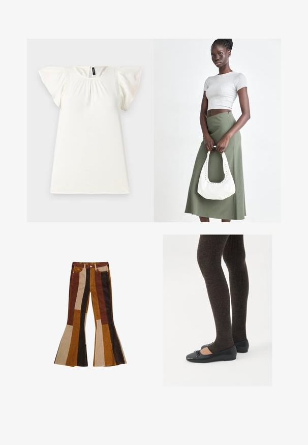 Biała bluzka z krótkim rękawem, z marszczonym dekoltem i falbaniastymi rękawami, z subtelnymi przeszyciami na ramionach. Gładka tekstura.; Dzwony z sztruksu w paski w odcieniach brązu, beżu i złota, z kieszeniami i kolorowym paskiem w talii.; Czarne płaskie buty z małym kokardkowym detalem na palcach, zestawione z ciemnobrązowymi rajstopami w prążki. Buty mają gładką teksturę i niski profil.; Szary prążkowany crop top i oliwkowa spódnica o wysokim stanie. Modelka trzyma białą torebkę na ramię z wycięciami. Prosty design, dopasowany krój.
