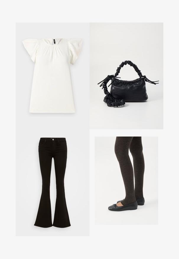 White short-sleeve top with gathered neckline and flutter sleeves, featuring subtle stitching accents on the shoulders. Smooth texture.; Black high-waist flare jeans with front button, belt loops, and five pockets, displayed on a white background.; Black flat shoes with a small bow detail at the toe, paired with dark brown ribbed tights. Shoes have a smooth texture and low profile.; Black faux leather handbag with a crocodile texture, cinched top, and a scrunched strap. Appears soft and compact in design.