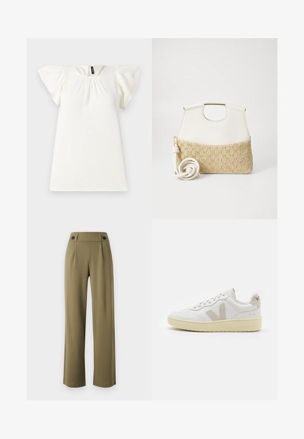 White short-sleeve top with gathered neckline and flutter sleeves, featuring subtle stitching accents on the shoulders. Smooth texture.; Olive green, wide-leg trousers with a high waist, featuring two black buttons on the waistband and front pleats. Smooth fabric texture.; White leather sneaker with beige suede accents, perforated toe box, flat laces, and a textured cream sole. Features subtle branding on heel.; White leather handbag with a textured cream woven fabric bottom. Features a gold-tone handle and a coiled white strap for versatility.