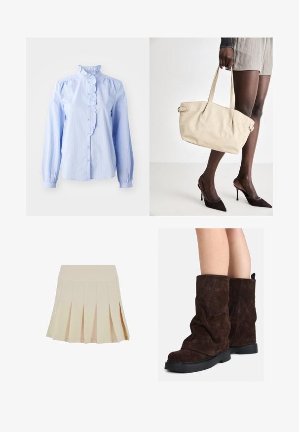 JDY JDYMIO niebieski; Beżowa spódnica z fałdami, z dopasowanym paskiem, wykonana z gładkiego materiału. Posiada wiele pionowych fałd i prosty dół.; Brązowe zamszowe botki do połowy łydki z czarnymi gumowymi podeszwami noszone na nagich nogach, z lekkim marszczeniem na cholewkach.; Beżowa torba typu tote o gładkim wykończeniu skórzanym, ze sztywną formą, dwoma uchwytami i bocznymi klamrami. Połączona z eleganckimi czarnymi szpilkami.; Kremowa poduszka na głowę zziębniętym wzorem, zestawiona z beżową i białą koszulą w paski, z okrągłym dekoltem. Subtelne akcenty biżuteryjne.