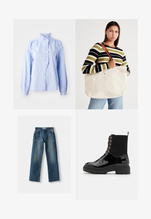 JDY JDYMIO FRILL - Button-down blouse - blue; Blue denim jeans featuring a straight leg design, button closure, five pockets, and faded areas. Material appears sturdy with a textured finish.; Black patent leather ankle boots with a textured ribbed fabric upper, gold eyelets, black laces, and rugged outsole.; Large beige canvas tote bag with brown leather straps, featuring a minimal design and visible stitching accents.