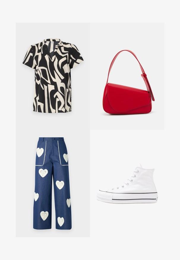 Kremo ir juodos spalvos trumpomis rankovėmis palaidinė, puikuojanti abstrakčiu raštu, V formos iškirpte ir lengvu audiniu su glotna tekstūra.; Sister Jane HEART TO HEART - Tiesaus kirpimo džinsai - blue denim; Balti aukštakulniai drobės sportbačiai su juodu guminio pado, priekinio guminio piršto dangteliu ir šešiais akytėmis raištams, pasižymintys švariu, minimalistiniu dizainu.; Raudona odinė rankinė su kampuota, geometrine forma. Pasižymi viena reguliuojama dirželiu ir dangteliu su siuvinėtais dekoracijomis.