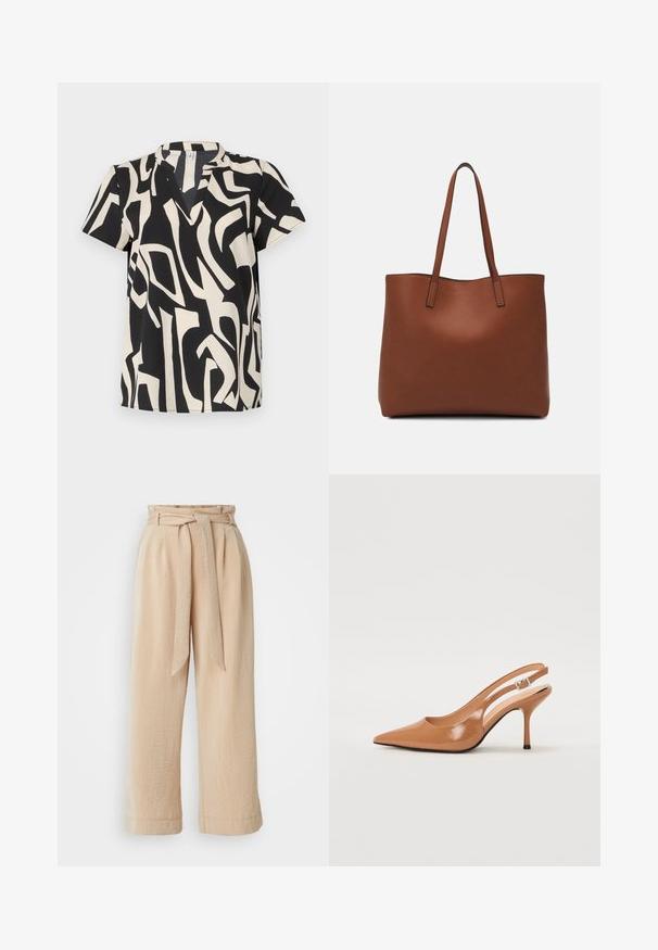 Top cu mânecă scurtă, în crem și negru, cu un model abstract, decolteu în V și material ușor, cu o textură netedă.; Pantaloni bej cu croi larg, cu talie belcimetru, fabricați dintr-un material texturat. Au un pliu frontal și o finisare netedă la margine.; Pantofii cu toc slingback, cu vârful ascuțit, dintr-un material tan neted și strălucitor. Prezintă un design cu decupaj curbat și un toc subțire stil stiletto. Detaliu cu cataramă argintie.; Geantă de umăr din piele maro cu o textură netedă, design cu vârf deschis și două curele pentru umăr. Prezintă cusături minime și fără componente metalice vizibile.