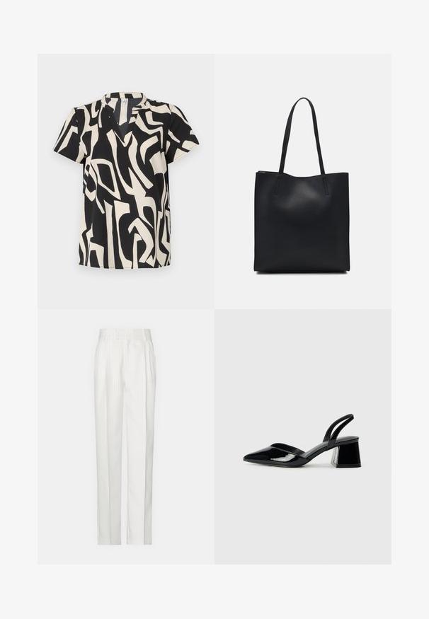 Īsām piedurknēm augšdaļa krēmkrāsā un melnā, ar abstraktu rakstu, V veida kakla izgriezumu un vieglu audumu ar gludu tekstūru.; Baltas svītrainas bikses ar taisnu kāju dizainu, izgatavotas no viegla auduma. Priekšpusē ir bārkstis un tradicionālā josta.; Melna lakota āda ar atvērto papēdi, ar smailu purngalu un ģeometrisku blokpapēdi. Iezīmējas elegants, minimāls dizains un gluda tekstūra.; Melnas ādas somiņa ar gludu tekstūru, taisnstūra formu un divām garām rokturiem. Nav redzamu aparatūras vai rotājumu.