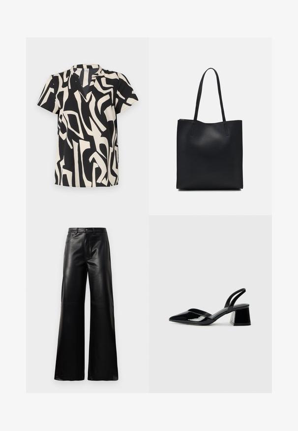 Majica s kratkimi rokavi v kremni in črni barvi z abstraktnim vzorcem, V-izrezom in lahkim blagom z gladko teksturo.; Črne široke hlače iz umetnega usnja z visokim pasom, sprednjim gumbom, zadrgo, zanke za pas in stranskimi žepi na beli podlagi.; Črne lakirane slingback pete s koničastim nosom in geometrijsko blokasto peto. Imajo eleganten, minimalističen dizajn in gladko teksturo.; Črna usnjena torba s svilnato teksturo, pravokotne oblike in dvema dolgima ročajema. Brez vidnih metalnih delov ali okrasnih elementov.