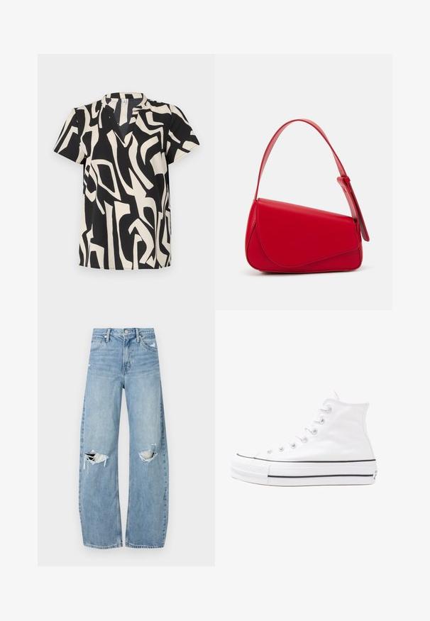 Short-sleeve top in cream and black featuring an abstract pattern, V-neckline, and lightweight fabric with a smooth texture.; Light blue, high-waisted jeans made of denim. Feature wide legs, two torn knee areas, and classic five-pocket styling.; White high-top canvas sneaker with black rubber sole, front rubber toe cap, and six eyelets for laces, featuring a clean, minimalist design.; Red leather handbag with an angular, geometric design. Features a single adjustable strap and a flap closure with stitched detailing.