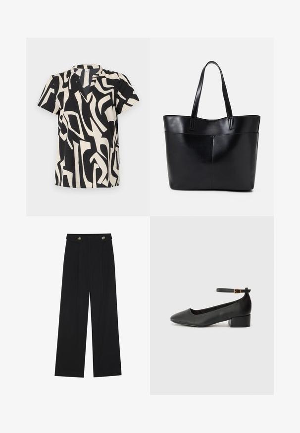Krátky rukáv top v krémovej a čiernej farbe s abstraktným vzorom, výstrihom do V a ľahkým materiálom s hladkou textúrou.; Čierne široké nohavice s vysokým pásom, so zapínaním na gombíky na páse a prednými sklady.; Čierne kožené lodičky s špicatou špičkou a nízkym blokovým podpätkom. Obsahuje remienok okolo členka so zlatým prackou. Hladký povrch.; Čierna kožená tote taška s dvoma dlhými rúčkami, hladkým povrchom a štruktúrovaným tvarom. Obsahuje prednú kapsu pre dodatočné uskladnenie.