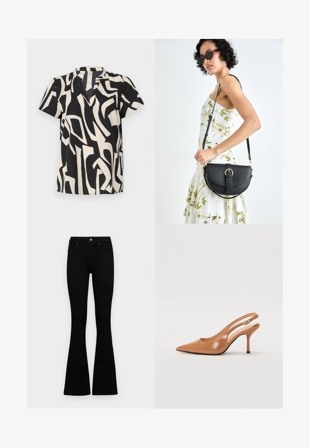 Top de manga corta en color crema y negro, con un patrón abstracto, escote en V y confeccionado en un tejido ligero con una textura suave.; Jeans negros de cintura alta con cierre de botón y cremallera, bolsillos frontales y piernas acampanadas, dispuestos sobre un fondo blanco.; Zapato de tacón tipo slingback con punta afilada en un material suave y brillante de color marrón. Presenta un diseño con corte curvado y un tacón de aguja delgado. Detalle de hebilla plateada.; Bolso de piel negra con forma curva, correa desmontable y herrajes dorados. El bolso cuenta con una solapa con un detalle de hebilla.