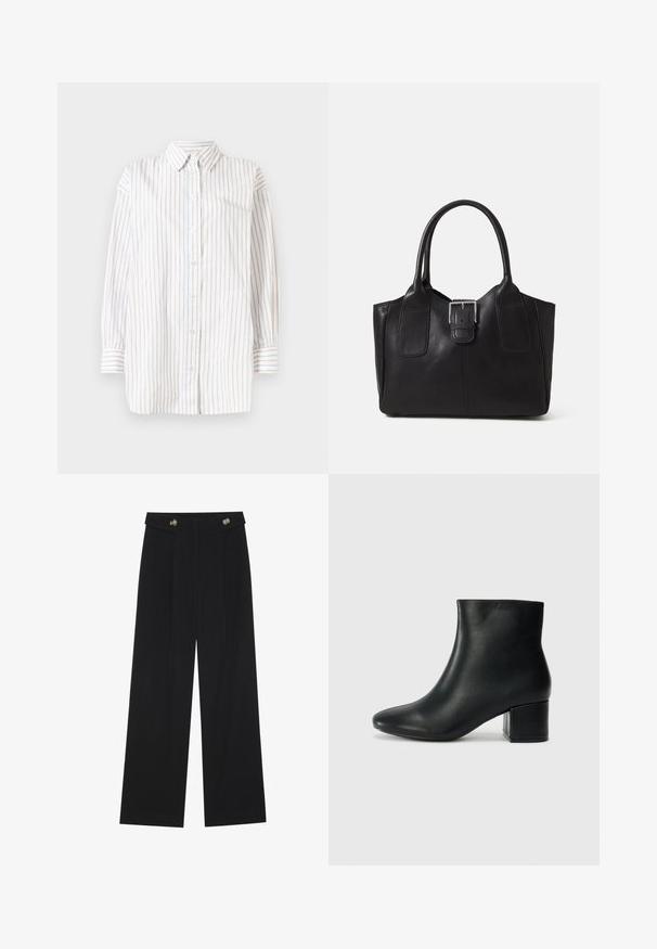 Cămașă cu nasturi, cu mâneci lungi, cu dungi verticale în alb, albastru deschis și roz deschis. Țesătură ușoară cu guler.; Pantaloni negri cu picioare largi, talie înaltă, detalii cu butoane pe talie și pliseuri în față.; Cizme negre din piele până la gleznă, cu vârf ascuțit și toc robust. Textură netedă, cu accente minime și un design elegant, ajustat.; Geantă tote din piele neagră cu textură netedă, formă structurată, două mânere și un detaliu proeminent din aliaj de argint pe partea din față.