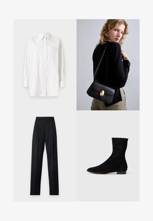 Button-up shirt with long sleeves, featuring vertical stripes in white, light blue, and light pink. Lightweight fabric with a collared neck.; Black trousers made from smooth fabric featuring a high waist, wide legs, front pleats, and classic belt loops. No side pockets visible.; Black suede ankle boot with a fitted shaft, pointed toe, and a low block heel. Smooth texture and minimalistic design, suitable for versatile styling.; Black leather handbag with a curved shape, featuring a prominent gold oval clasp, adjustable strap, and minimalistic design.