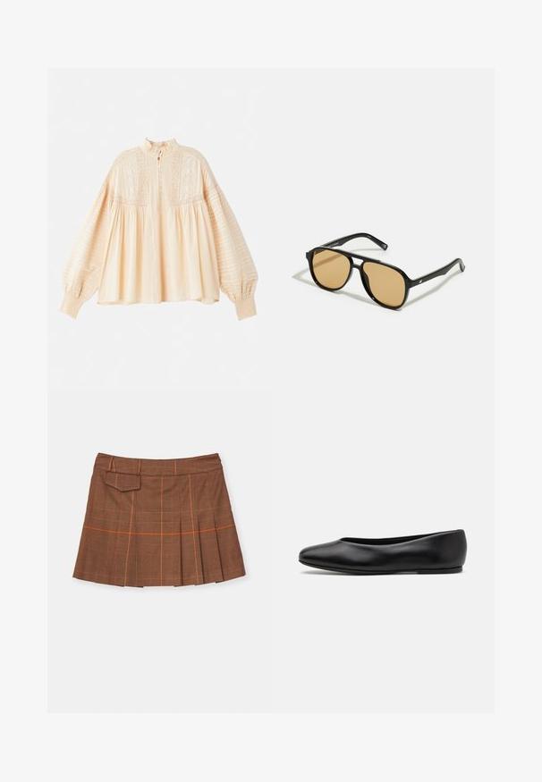 Vanessa Bruno DAHLIA - Blouse - beige; Bruine geruite rok met een geplooid ontwerp, oranje accenten en een zijzak. Gemaakt van textuurmateriaal met een aansluitende taille.; Paul Smith TOPANGA - Ballerina's - black; Zwarte zonnebril met bruin getinte lenzen; rechthoekige vorm met een dikke rand, inclusief subtiele hardware accenten op de veertjes.