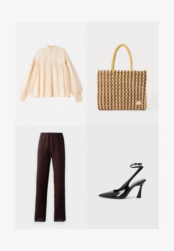 Vanessa Bruno DAHLIA - Pusero - beige; Ruske leve hlače širokih nogavic s plisirano teksturo, visokim pasom in tekočim dizajnom. Narejene so iz lahkega materiala. Brez vidnih zaponk.; Musta patenttinen nahka slingback-korkokengät, joissa on teräväkärkinen muoto, säädettävä nilkkastrappi ja kohtuullinen lohkokorko. Sujuva pinta kiiltävällä viimeistelyllä.; Kudotasku ruskeana ja keltaisena, jossa on suorakulmainen muoto, kaksi kantohihnaa ja teksturoitu pinta, jossa näkyvät ompeleet ja brändilappu.