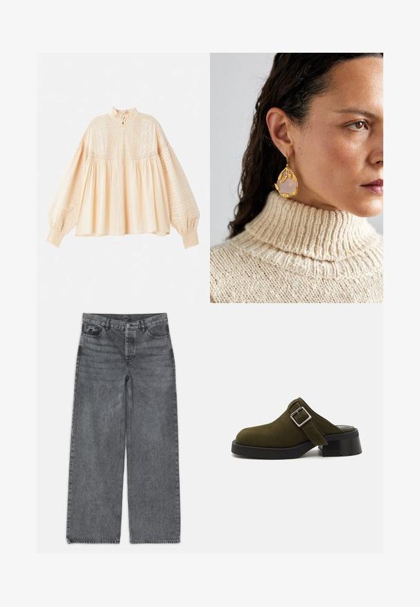 Vanessa Bruno DAHLIA - Blouse - beige; Wide-leg jeans in dark gray denim. Features a high waist, five-pocket design, and front button closure. Smooth texture with subtle fading.; Olive green suede mule with a low, chunky black heel. Features a side strap with a silver buckle for adjustment. Smooth texture overall.; Gold-tone earrings feature a leaf design with a teardrop-shaped rose quartz stone. Worn with a cream ribbed turtleneck sweater.