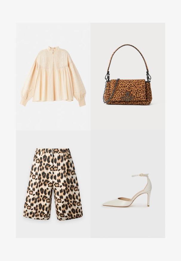 Vanessa Bruno DAHLIA - Bluza - beige; Šorts s leopard uzorkom s kombinacijom bež i crnih tonova, nabranim dizajnom i bočnim džepovima. Napravljeni su od glatkog materijala s sjajnim završetkom.; Bijela kožna visoko potpetica s oštrim vrhom, remenom oko članaka i tankom stiletto potpeticom. Glatka tekstura s blagim sjajnim završetkom.; Torba na rame od suede u leopard uzorku s kratkom ručkom, lančićem i crnim metalnim kopčom. Pravokutnog oblika s preklopom.