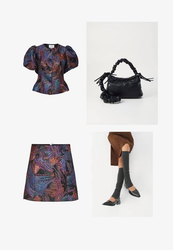 Čierna blúzka s nafúknutými rukávmi a viacfarebnými sequin vzormi, s okrúhlym golierom a predným zapínaním na gombíky. Textúrovaná látka.; Metalická mini sukňa s textúrovaným vzorom v živých odtieňoch purpurovej a bronzovej, so základom v čiernej farbe a dekoratívnymi gombíkmi na pásiku.; Čierne lakované kožené topánky s špicatou špičkou, blokovým podpätkom a členkovým remienkom, ktoré sú kombinované so šedými rebrovanými legínami a hnedou zamšovou sukňou.; Čierna umelá kožená kabelka s kroko vzorom, sťahovaným vrchom a zhnutým popruhom. Vyzerá mäkko a kompaktné v dizajne.