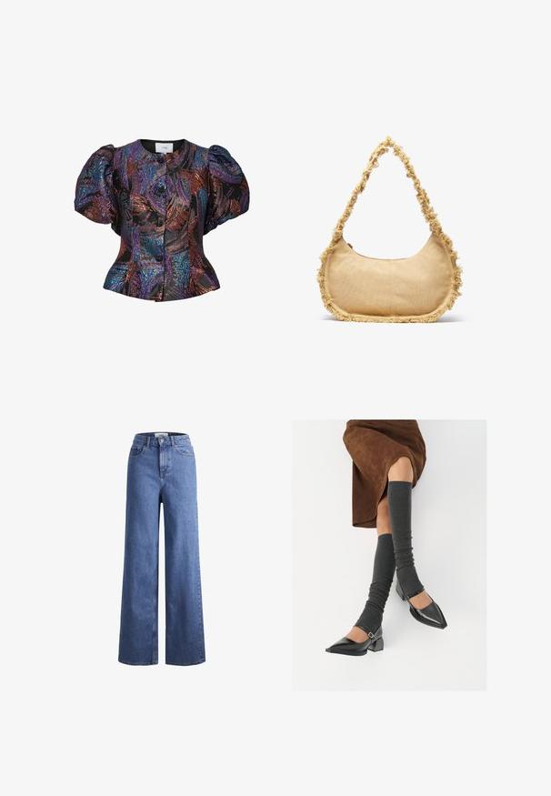 Zwarte blouse met pofmouwen en veelkleurige paillettenpatronen, voorzien van een ronde kraag en een knoopsluiting aan de voorkant. Getextureerde stof.; Lichtblauwe denim wijde jeans met een hoge taille, twee voorzakken en zichtbare stiksels. Voorzien van een knoop- en ritssluiting.; Zwarte gepatineerde leren pumps met een puntige neus, een blokhak en een enkelbandje, gecombineerd met grijze geribde beenwarmers en een bruine suède rok.; Geverfde beige tas met een ronde vorm, rafelige rand langs de randen en een korte schouderband. Ritsopening aan de bovenkant.