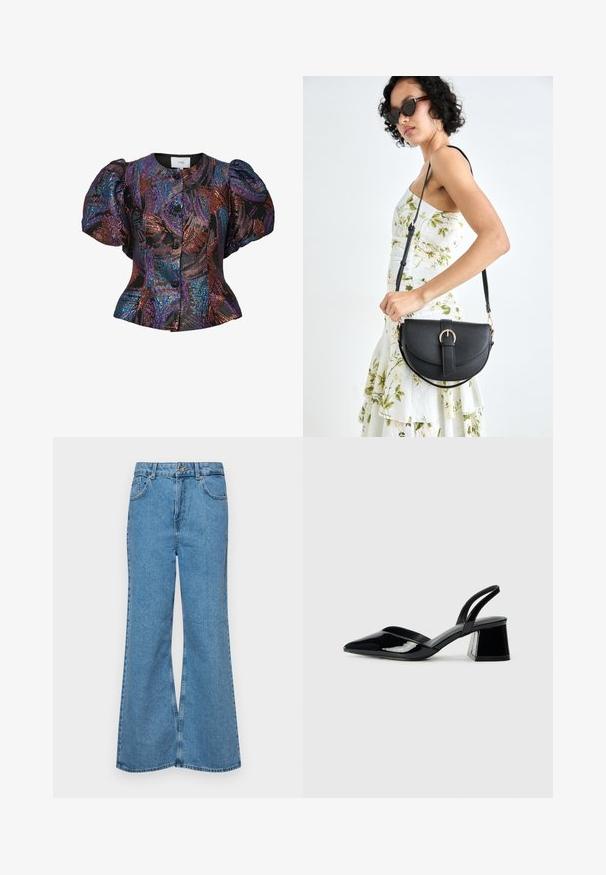 Bluzka z bufkami w kolorze czarnym z multikolorowymi wzorami z cekinów, z okrągłym kołnierzykiem i zapięciem na guziki z przodu. Teksturowany materiał.; Jasnoniebieskie dzwony z denimu, z wysokim stanem, pięcioma kieszeniami i zapięciem na jeden guzik. Miękka tekstura z wyblakłym wykończeniem.; Czarne lakierowane półbuty na obcasie z wydłużonym noskiem i geometrycznym słupkiem. Charakteryzują się eleganckim, minimalistycznym designem oraz gładką fakturą.; Czarna skórzana torebka o zakrzywionym kształcie, z odpinanym paskiem i złotymi akcentami. Torebka posiada klapę z zapięciem w kształcie klamry.