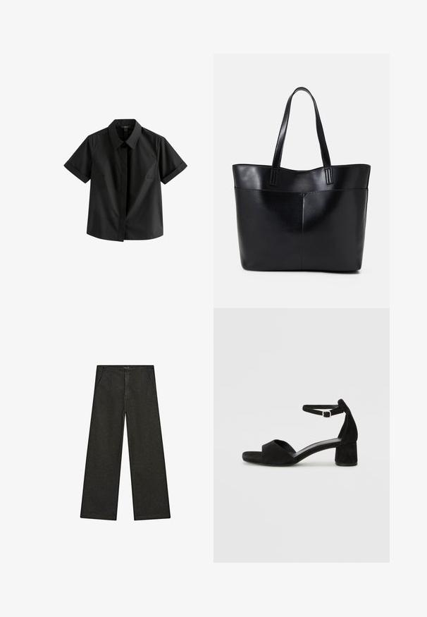 Zwart shirt met korte mouwen, gemaakt van gladde stof, met een puntige kraag, een sluiting met knopen aan de voorkant en subtiele zijnaadjes.; Wijd uitlopende zwarte denim broek met een middelhoge taille, twee zijzakken en een eenvoudige, minimalistische uitstraling zonder zichtbare versieringen.; Zwarte suede hakken met een dunne enkelband, open teen ontwerp en een bescheiden blokhak. Zachte textuur en minimale accenten.; Zwarte leren tote bag met twee lange handvatten, een zachte textuur en een gestructureerde vorm. Voorzien van een voorvak voor extra opslagruimte.
