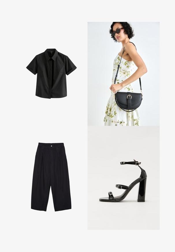 Zwart shirt met korte mouwen, gemaakt van gladde stof, met een puntige kraag, een sluiting met knopen aan de voorkant en subtiele zijnaadjes.; Zwarte polyester culottes met een elastische tailleband, twee voorkreukels en een losse pasvorm. Geen zichtbare patronen of hardware-details.; Zwarte gepatenteerde sandalen met hak en een vierkante neus, enkelbandjes en zilveren gespen. Heeft een stevige blokhak voor stabiliteit.; Zwarte leren handtas met een gebogen vorm, afneembare schouderband en gouden hardware. De tas heeft een klep met een gespsluiting.