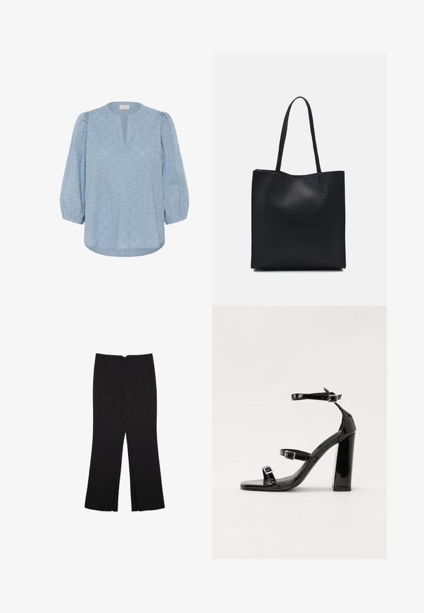 Kaffe Bluza - windward blue; Črne hlače ravnega kroja z naglavnimi žepi in stranskimi razporki na robu. Narejene iz mehke, gladke tkanine. Primerne za različne priložnosti.; Črne lakirane sandale s peto, kvadratnim prstom, trakovi okrog gležnja in srebrnimi zaponkami. Opremljene so s stabilno Debelo peto.; Črna usnjena torba s svilnato teksturo, pravokotne oblike in dvema dolgima ročajema. Brez vidnih metalnih delov ali okrasnih elementov.
