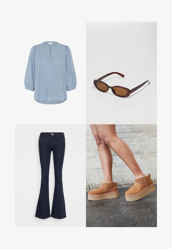 Kaffe Blouse - windward blue; Dark denim flared jeans with a fitted waist, featuring a front button closure, five-pocket design, and seam detailing along the legs.; Brown suede ankle boots with a plush lining, thick beige platform sole, and a rear pull tab. Textured surface with visible stitching details.; Round, brown-tinted sunglasses with a glossy burgundy frame. Slim arms with subtle branding detail. Flat lens design.