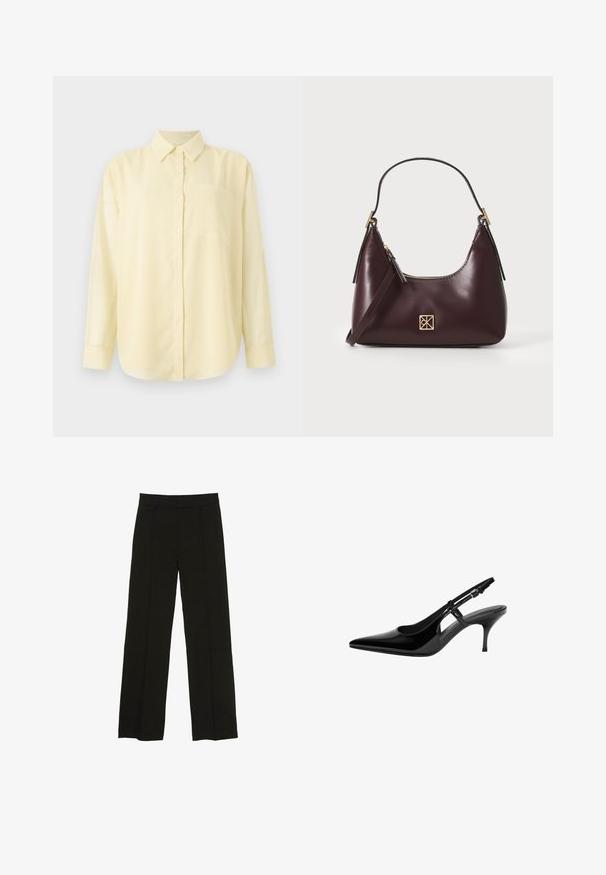 Yellow long-sleeve collared shirt with front buttons and a patch pocket on the left side, made from smooth, lightweight material.; Black wide-leg trousers made from a smooth fabric, featuring a fitted waistband and subtle front pleats for added texture.; Black patent leather slingback pump with pointed toe, open side cutouts, slim heel, and adjustable ankle strap.; Burgundy leather handbag with a curved shape, gold accents on the hardware, and a zippered closure. Features a detachable shoulder strap.