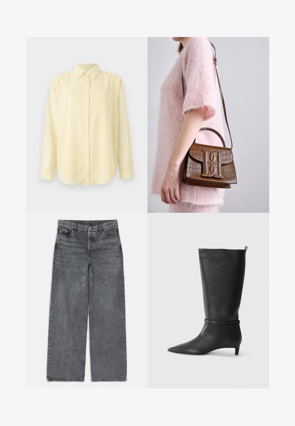 Žltá košeľa s dlhým rukávom a golierom, so zapínaním na prednej strane a náprsníkom na ľavej strane, vyrobená z hladkého, ľahkého materiálu.; Džínsy s širokými nohavicami v tmavošedej denimovej farbe. Majú vysoký pás, dizajn s piatimi vreckami a zapínanie na prednej strane na gombík. Hladká textúra s jemným blednutím.; Čierne kožené vysoké čižmy po kolená s špicatou špičkou, s okrúhlym remienkom okolo členku a nízkym, zúženým podpätkom. Hladký povrch.; Hnedá kabelka s embosovaným vzorom krokodíla, so spodnou rukoväťou a ramenným popruhom. Obsahuje výrazné logo na prednom klape. Mäkká textúra.