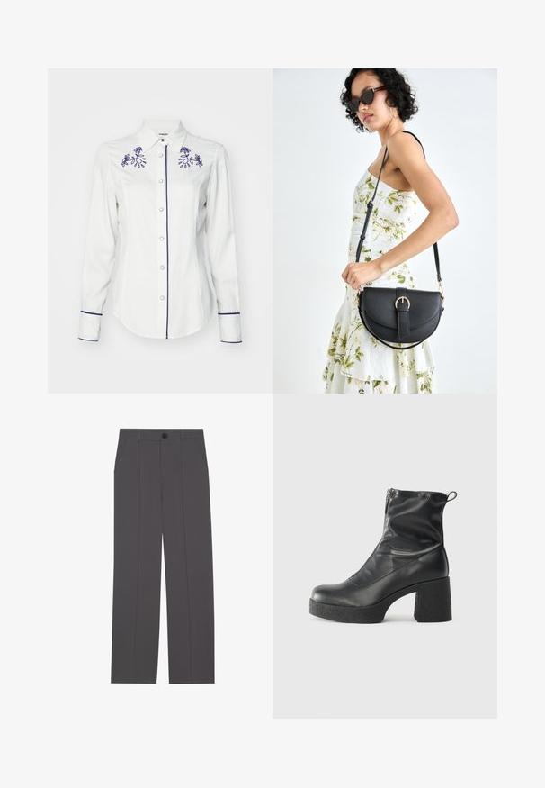 Long-sleeve white shirt made of fabric, featuring purple floral embroidery on the collar and cuffs, with button closure and a contrasting trim.; Grey trousers with a straight leg design, featuring two side pockets and a button closure. Smooth fabric with no visible patterns or accents.; Black ankle boots made of smooth leather, featuring a side zipper, chunky textured heel, and rounded toe design.; Black leather handbag with a curved shape, detachable strap, and gold hardware. The bag features a flap with a buckle detail.