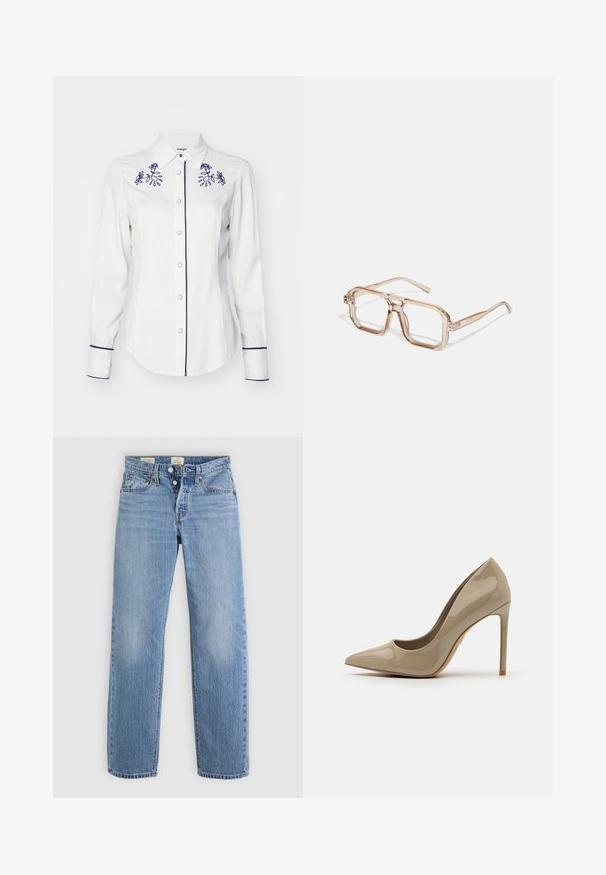 Camicia bianca a maniche lunghe realizzata in tessuto, con ricami floreali viola sul colletto e sui polsini, con chiusura a bottoni e un bordino a contrasto.; Jeans in denim blu chiaro con un design a gamba dritta, chiusura con bottone metallico, tasche frontali e dettagli di leggero sbiadimento in tutto il capo.; Scarpa con tacco alto in vernice beige, punta affilata, silhouette elegante e tacco a stiletto. Texture liscia con dettagli minimi.; Occhiali da vista trasparenti a forma esagonale con tonalità marrone chiaro; montatura spessa e trasparente con aste sottili; senza loghi o motivi visibili.; Borsa a tracolla in pelle nera con un design arricciato, manici corti e arrotondati, e una tracolla rimovibile. Texture liscia con una silhouette morbida.
