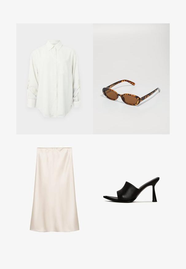 Camicia bianca a maniche lunghe con colletto, taschino sul petto e maniche arrotolate. Tessuto morbido e liscio con vestibilità comoda.; Gonna midi in satin bianco sporco, taglio dritto con vita elastica, texture liscia e senza motivi o dettagli visibili.; Mule nere con tacco alto, dotate di una superficie in pelle liscia, punta aperta e design curvo. Presentano un elegante tacco a stiletto e uno stile minimalista.; Occhiali da sole tartaruga con montatura ovale, lenti marroni e astine nere sottili con accenti di pattern discreti.; Una borsa a tracolla in pelle beige con bordi scuri, una silhouette curva, accessori dorati e una tracolla removibile, tenuta di lato contro un abbigliamento scuro.; Bracciale in tonalità oro con un esterno liscio e un interno texturizzato. Presenta un design ampio e arrotondato con un'apertura su un lato.