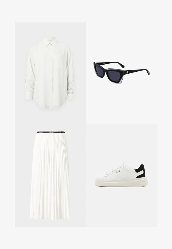 Bijela košulja s dugim rukavima, gumbićima, ovratnikom, jednim džepom na prsima i zakrčenim rukavima. Mekan, glatki materijal i opušten kroj.; Nabrana bijela suknja s crnim elastičnim pojasom na kojem se nalazi logo "LACOSTE". Srednje dugačak dizajn s mekim teksturom.; Bijele kožne tenisice s debelim bijelim potplatom, crnim zamšastim akcentom na peti i ugraviranim logom sa strane. Dizajn s vezicama i šest rupa za vezivanje.; Crne oversize sunčane naočale geometrijskog oblika, s tamnim staklima i kontrastnom sivom dekoracijom na okviru. Logo na dršci.