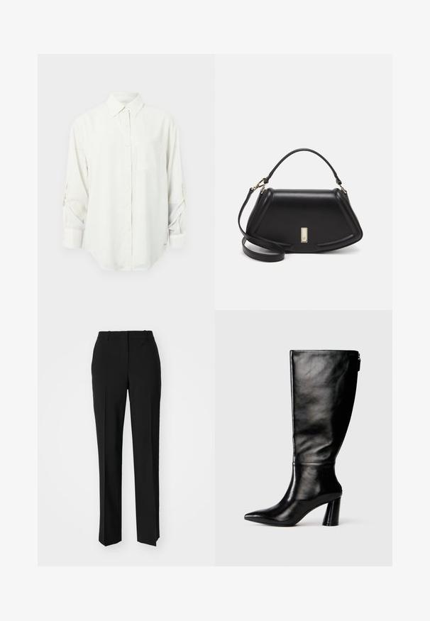 Camisa blanca de manga larga con botones y cuello, un solo bolsillo en el pecho y mangas enrolladas. Tejido suave y liso con un ajuste relajado.; Pantalones negros ajustados con un diseño de pierna recta, que presentan una textura suave y pliegues nítidos en el frente. Sin herrajes visibles.; Bota de cuero negro hasta la rodilla con punta afilada, textura suave y un tacón grueso. Presenta un detalle de cremallera en la parte de atrás.; Bolso de mano de cuero negro con un diseño estructurado, que presenta una forma recortada, asa superior y acentos en dorado. Correa de hombro ajustable incluida.