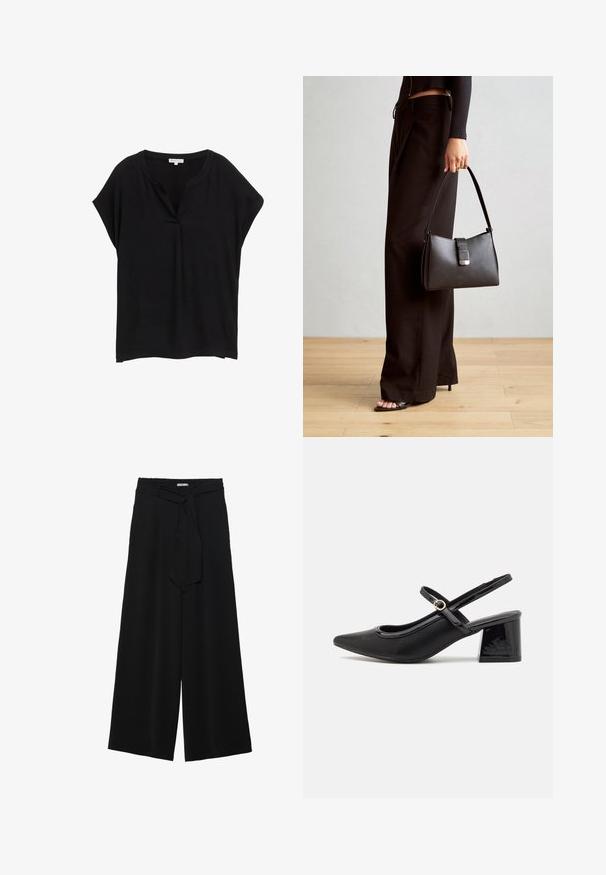 Sort kortærmet top med V-hals, lavet af letvægtsstof, med en afslappet pasform og subtil drapering ved skuldrene.; Sorte vide bukser i en tekstureret stofkvalitet, med elastisk talje og et aftageligt bånd i taljen for justerbar pasform.; Sorte patentlæder slingback hæle med spids tå, rund udskæring og blokhæl. Har en guldtonet spændeaccents.; Sort håndtaske med struktureret form, glat overflade og metalspænde. Sammen med brede sorte bukser og sandaler med åben tå på trægulv.