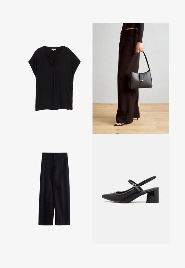 Czarny top z krótkim rękawem i dekoltem w kształcie litery V, wykonany z lekkiego materiału, z luźnym krojem i subtelnym drapowaniem na ramionach.; Czarne spodnie o szerokich nogawkach wykonane z lekkiego materiału. Posiadają płaski pas ze zamek błyskawicznym z przodu oraz kieszenie, sprawdzą się zarówno w codziennych, jak i formalnych stylizacjach.; Czarne lakierowane czółenka na słupku ze spiczastym noskiem, lekko zaokrąglonym wycięciem i obcasem w kształcie bloku. Posiadają złotą klamrę jako akcent dekoracyjny.; Czarna torebka o usztywnionym kształcie, gładkiej fakturze i metalowym zapięciem. Połączona z szerokimi czarnymi spodniami i sandałami na otwartym palcu na drewnianej podłodze.