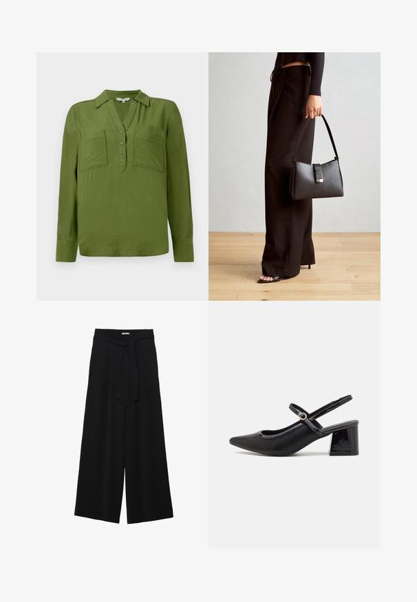 TOM TAILOR BLOUSE STRUCTURED SOLID - Blouse - deep ivy green; Zwarte wijde broek van textuurstof, met een elastische tailleband en een afneembare sjaalstrik in de taille voor een verstelbare pasvorm.; Zwarte gepolijste leren slingback hakken met een spitse neus, een ronde uitsnede en een blokhak. Voorzien van een gouden gespaccent.; Zwarte handtas met gestructureerde vorm, gladde textuur en een metalen sluiting. Gecombineerd met brede zwarte broeken en sandalen met open teen op een houten vloer.