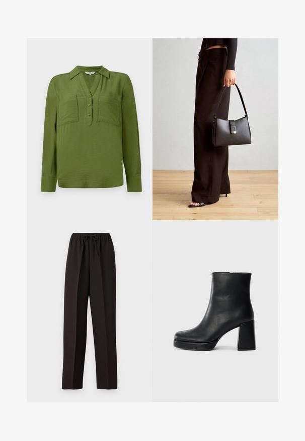 TOM TAILOR BLOUSE STRUCTURED SOLID - Pusero - deep ivy green; Mustat, leveät housut joustavalla vyötäröosalla ja säädettävällä nauhalla. Valmistettu sileästä, kevyestä kankaasta ilman näkyviä kuvioita.; Musta nahkasaapas nilkkapituisena, jossa on paksu korko ja alustapohja, nähtynä sivulta yksinkertaisella valkoisella taustalla.; Musta käsilaukku, jossa on rakenteellinen muoto, sileä pinta ja metallinen solki. Yhdistetty leveisiin mustiin housuihin ja avonaiheisiin sandaaleihin puulattialla.
