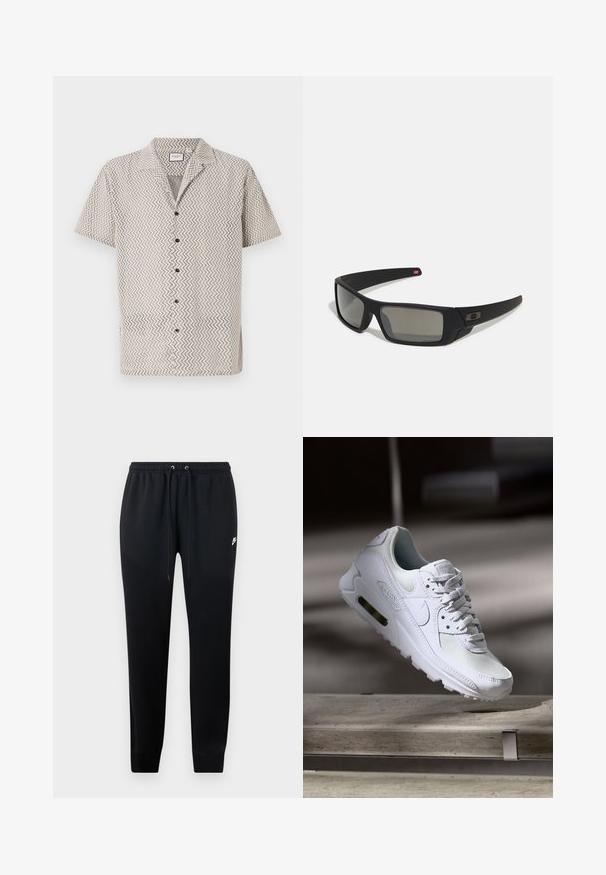 Srajca s kratkimi rokavi v bež barvi z zigzag vzorcem; vsebuje ovratnik, pet črnih gumbov in sproščen kroj. Teksturirana tkanina.; Črne trenirke iz mehkega materiala, ki imajo elastičen pas z vrvico, na konicah nogavic so cinčane ter vsebujejo majhen detajl logotipa na strani.; Bela Nike Air Max 90 športna obutev z mrežastim in usnjenim zgornjim delom, perforiranim prstnim delom in vidno zračno enoto v peti.; Crne sončne naočale s mat površinom, pravokutne leće, blagi luk na sljepilima, diskretna oznaka i leće sa dimnim nijansama.