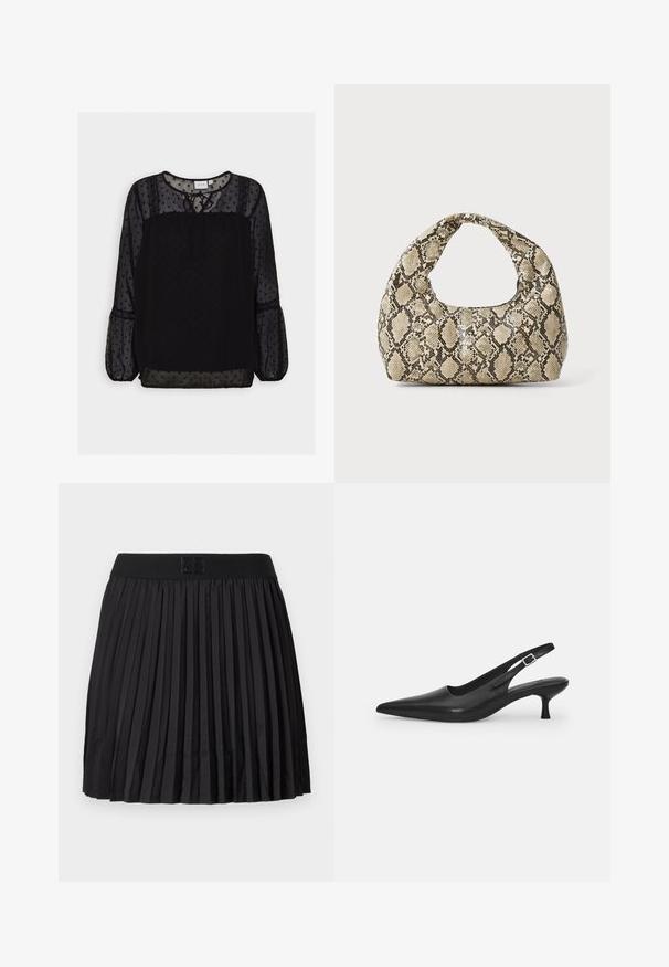 Svart bluse med prikkemønster, laget av gjennomsiktig stoff, med teksturerte detaljer, rund halslinning, bindebånd og lange pufferm. Blondekant på skuldrene.; Svart plisse skjørt med en jevn tekstur, med en solid svart midje og en preget logo detalj foran.; Svart lær slingback sko med spiss tå og smal, buet hæl. Har en diskret justerbar rem med en metallspenne.; Veske med slangeskinnmønster og krummet håndtak. Laget av teksturerte, beige og brune materialer, med et særegent diamantmønster.