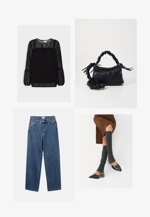 Blusa negra con lunares, fabricada en tejido translúcido, con acentos texturizados, cuello redondo, detalle de lazo y mangas largas tipo abullonadas. Encaje en los hombros.; Jeans de mezclilla azul clásico con un diseño de pierna recta, cinco bolsillos y cierre de botón. Presenta un lavado medio y una textura resistente.; Zapatos de charol negros con punta afilada, tacón bloque y tira de tobillo, combinados con calentadores de piernas de canalé grises y una falda de ante marrón.; Bolso de mano de imitación cuero negro con textura de cocodrilo, parte superior fruncida y correa arrugada. Presenta un diseño suave y compacto.