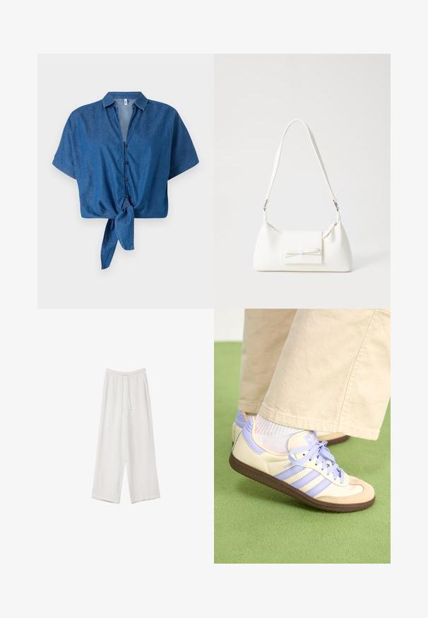 Sininen farkkutakki lyhyillä hihoilla, jossa on kauluksellinen kaula, nappikaulus ja solmittu helma. Pehmeä texture ja rento muotoilu.; Valkoiset leveälahkeiset housut kevyestä kankaasta. Ominaisuuksiin kuuluu elastinen vyötärö, jossa on nauhakuuluma ja sivutaskut. Sileä rakenne.; Kermasilta ja laventelilta näyttävät lenkkarit kolmella raidalla ja teksturoidulla ruskealla pohjalla, varustettuna nauhoilla ja pehmustetulla kantapäällä. Pehmeä kangaspinta.; Valkoinen synteettinen käsilaukku, jossa on kolmikulmainen muoto, tasainen etu läppä ja nauhadetail, säädettävä olkahihna, sileä rakenne ja minimalinen muotoilu.