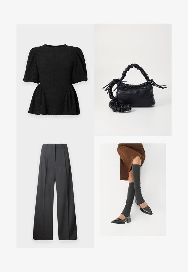 Top nero texturizzato con scollo rotondo, maniche a sbuffo e vita peplum. Realizzato in tessuto intrecciato con un motivo sottile.; Pantaloni a gamba larga in tessuto grigio scuro, con vita alta, pieghe singole e una texture liscia con una finitura pulita sui orli.; Scarpe nere in pelle verniciata con punta affilata, tacco a blocco e cinturino alla caviglia, abbinate a scaldamuscoli grigi a coste e una gonna in suede marrone.; Borsa a tracolla in ecopelle nera con texture a coccodrillo, apertura cinchata e tracolla arricciata. Si presenta con un design morbido e compatto.