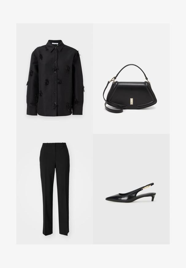 Fekete gombos ing, sima anyagból készült, apró frufru részletekkel és klasszikus gallérral. Hosszú, gombos mandzsettával ellátott ujjú.; Fekete, testhezálló nadrág egyenes szárú kivitelben, sima textúrával és éles redőkkel az elején. Nincs látható fémalkatrész.; Fekete bőr slingback magassarkúk, hegyes orral, vékony sarkakkal és arany színű részlettel a állítható pánton. Simа felület.; Fekete bőr kézitáska, strukturált dizájnnal, rövidített formával, felső fogantyúval és arany színű kiegészítőkkel. Állítható vállpánt is tartozik hozzá.