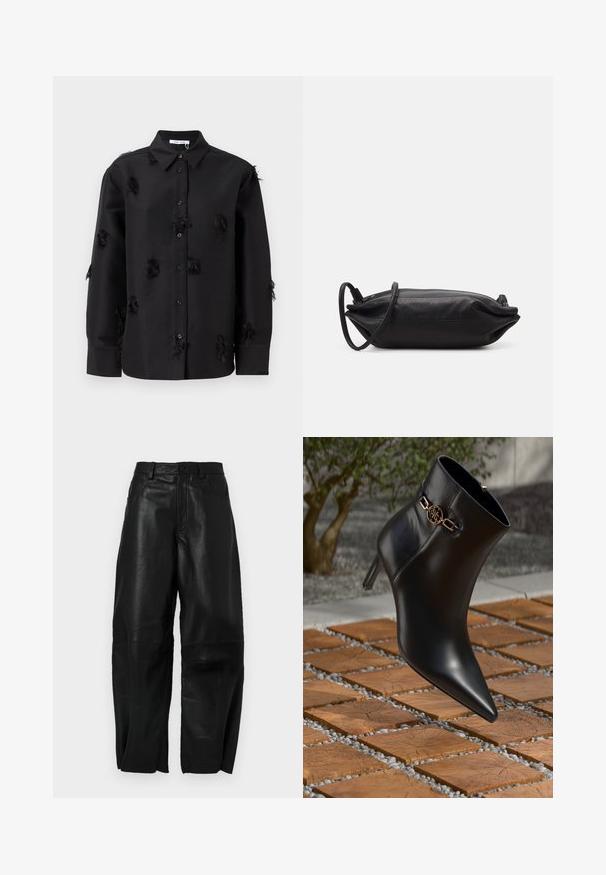 Must mustärgatud särk, mis on valmistatud siledast kangast, kaunistatud laiali jagatud ääriselementidega ja klassikalise kraega. Pikkade varrukatega, millel on nööpidega mansetid.; Mustad nahkpüksid, millel on lõtva istuvus, sirge jalgade disain, esikotid ja nähtavad õmblusdetailid.; Mustadast nahast pahkluu saapad terava nina ja väikese kontsaga. Rikkalikult kaunistatud kuldne kett pahkluu ümber. Ümbritsetud tekstuurse kivi pinnaga.; Musthave musta nahkklamber, millel on ristkülikukujuline kuju, sile tekstuur, õhuke õlavarre rihm ja minimalistlik disain.