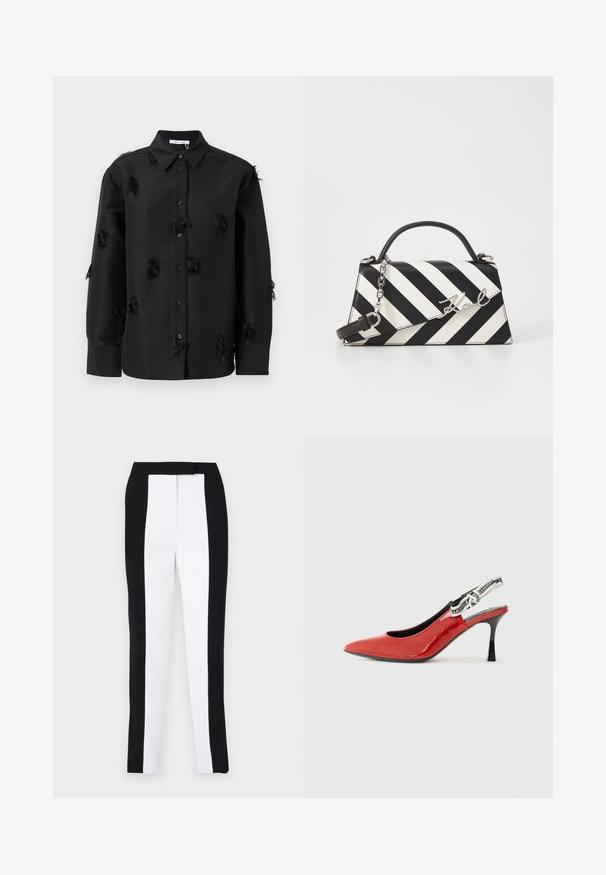 Black button-up shirt made from smooth fabric, featuring scattered fringe details and a classic collar. Long sleeves with buttoned cuffs.; Black and white tapered trousers featuring a slim fit with contrasting panels. Fabric has a smooth texture; waistband is flat and fitted.; Red patent leather slingback shoe with pointed toe, black heel, and a decorative fabric strap featuring a repeating logo pattern.; Black and white striped handbag with a structured shape, featuring a top handle, a detachable chain strap, and metallic logo accent.